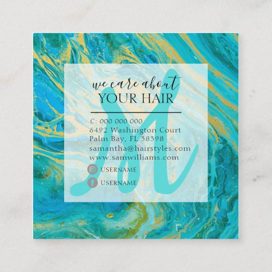 Elegante Turquoise & Gouden Marmeren Agaat Hair St Vierkante Visitekaartje (Achterkant)