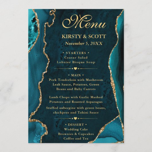 Elegante Turquoise & Gouden Nep Glitter Agate Brui Menu (Voorkant)