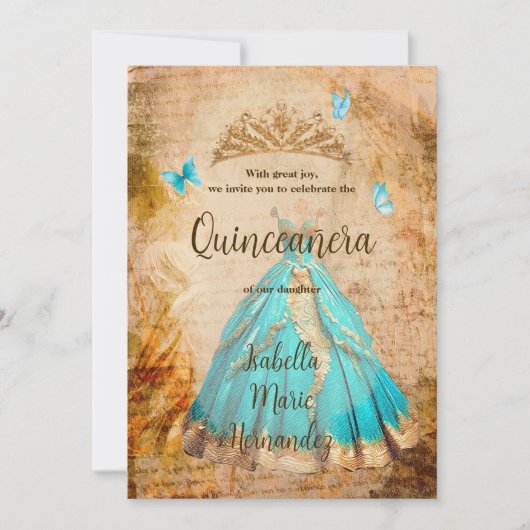 Elegante turquoise gouden Vintage Quinceañera Kaart (Voorkant)