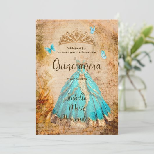 Elegante turquoise gouden Vintage Quinceañera Kaart (Staand voorkant)