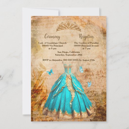 Elegante turquoise gouden Vintage Quinceañera Kaart (Achterkant)