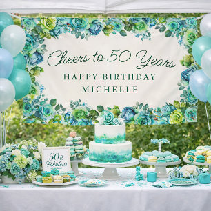 Elegante Turquoise Groene Bloemen Proost op 50 Ver Spandoek