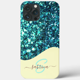 Elegante Turquoise Groene Drip Glitter Monogram Na Case-Mate iPhone Case