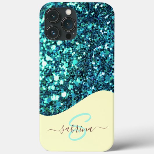 Elegante Turquoise Groene Drip Glitter Monogram Na Case-Mate iPhone Case (Achterkant)