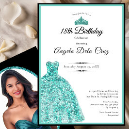 Elegante turquoise jurk 18e verjaardag debuut kaart