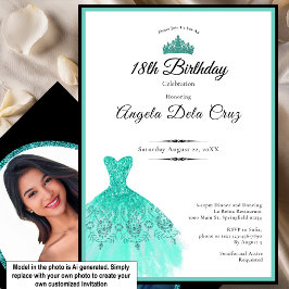 Elegante turquoise jurk 18e verjaardag debuut kaart