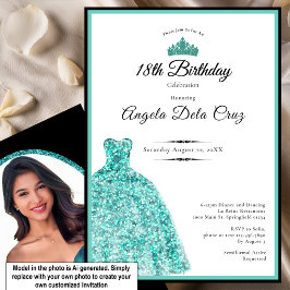Elegante turquoise jurk 18e verjaardag debuut kaart