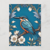 Elegante Turquoise Kingfisher Vogel Bloemen Briefkaart (Voorkant)