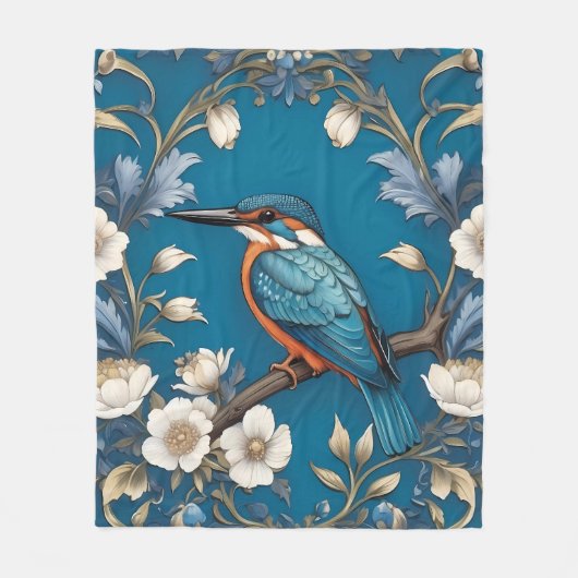 Elegante Turquoise Kingfisher Vogel Bloemen Fleece Deken (Voorkant)