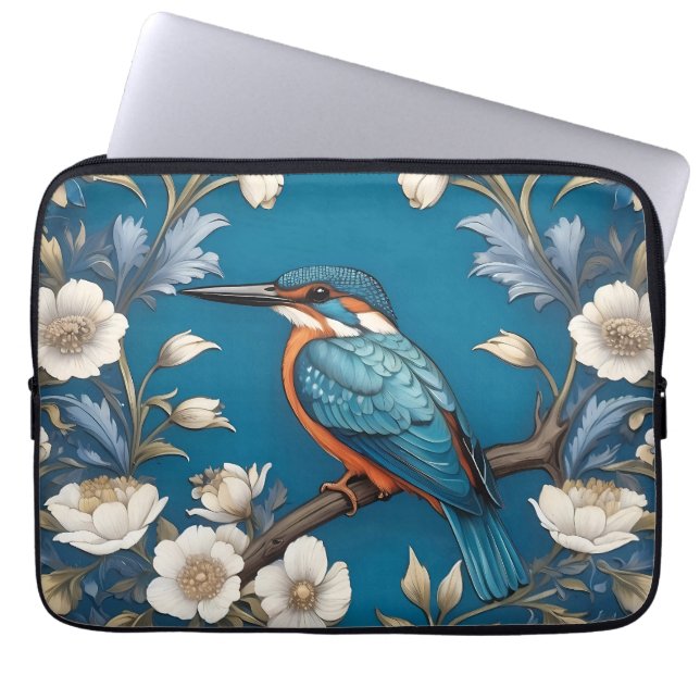 Elegante Turquoise Kingfisher Vogel Bloemen Laptop Sleeve (Voorkant)