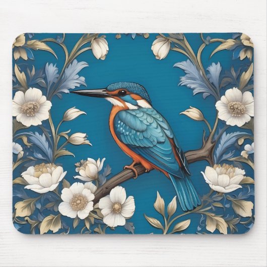 Elegante Turquoise Kingfisher Vogel Bloemen Muismat (Voorkant)