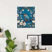 Elegante Turquoise Kingfisher Vogel Bloemen Poster (Thuiskantoor)