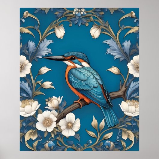 Elegante Turquoise Kingfisher Vogel Bloemen Poster (Voorkant)