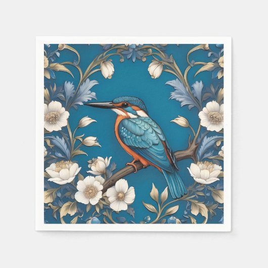 Elegante Turquoise Kingfisher Vogel Bloemen Servet (Voorkant)