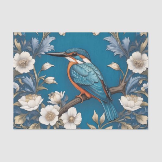 Elegante Turquoise Kingfisher Vogel Bloemen Tissuepapier (Voorkant)
