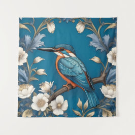 Elegante Turquoise Kingfisher Vogel Bloemen Wandkleed