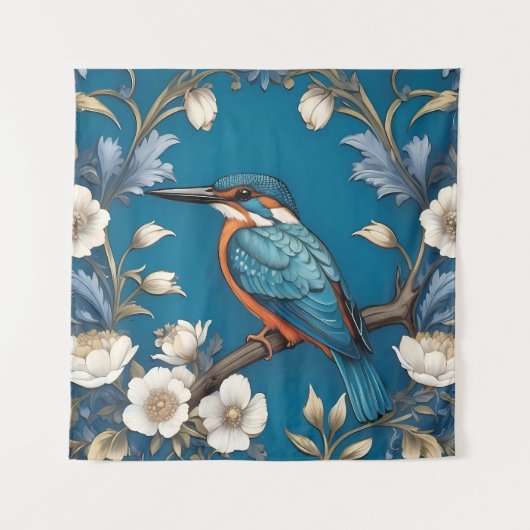Elegante Turquoise Kingfisher Vogel Bloemen Wandkleed (Voorkant)