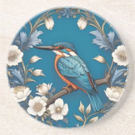 Elegante Turquoise Kingfisher Vogel Bloemen Zandsteen Onderzetter