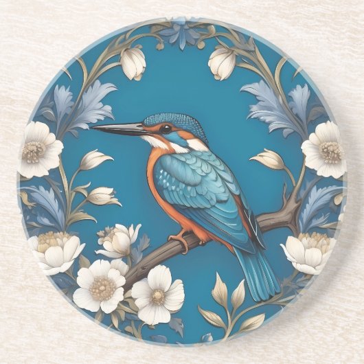 Elegante Turquoise Kingfisher Vogel Bloemen Zandsteen Onderzetter (Voorkant)
