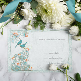 Elegante Turquoise Koraal Vogels Damast Trouw RSVP Kaartje