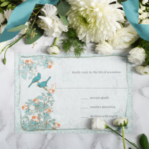 Elegante Turquoise Koraal Vogels Damast Trouw RSVP Kaartje