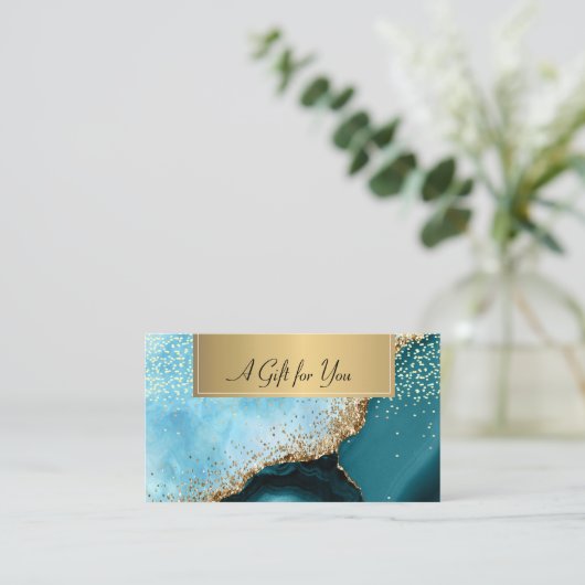 Elegante Turquoise Marmeren Gouden Confetti Kortingskaartje (Staand voorkant)