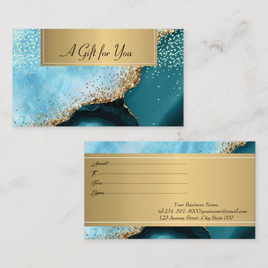 Elegante Turquoise Marmeren Gouden Confetti Kortingskaartje (Voorkant / Achterkant)