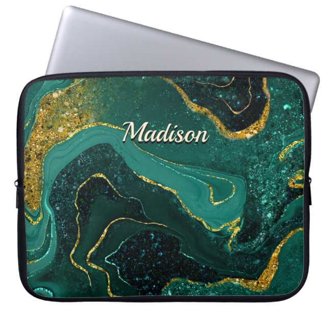 Elegante turquoise marmering faux goud glitter laptop sleeve (Voorkant)