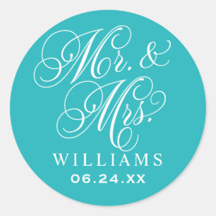Elegante Turquoise 'Meneer en Mevrouw' Script Mono Ronde Sticker