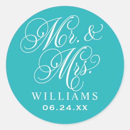 Elegante Turquoise 'Meneer en Mevrouw' Script Mono Ronde Sticker (Voorkant)