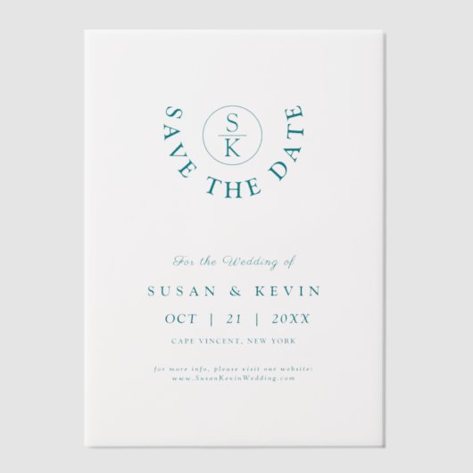 Elegante Turquoise Monogram Huwelijk Save the Date Vellum Uitnodigingen (Voorkant)