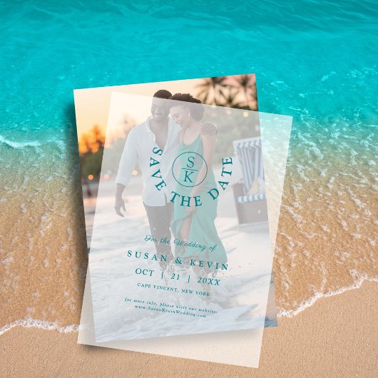 Elegante Turquoise Monogram Huwelijk Save the Date Vellum Uitnodigingen