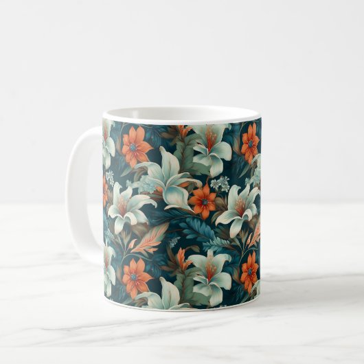 Elegante turquoise Oranje bloemmotief Koffiemok (Voorkant links)