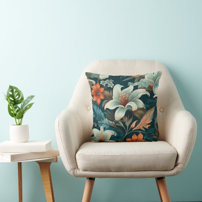 Elegante turquoise Oranje bloemmotief Kussen (Stoel)