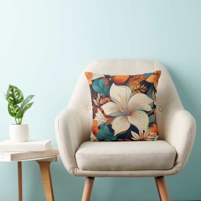 Elegante turquoise Oranje bloemmotief Kussen (Stoel)