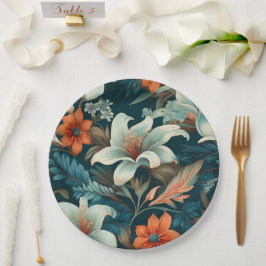 Elegante turquoise Oranje bloemmotief Papieren Bordje