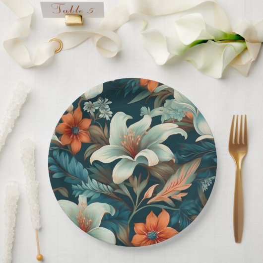 Elegante turquoise Oranje bloemmotief Papieren Bordje (Huwelijk)