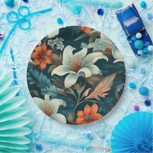 Elegante turquoise Oranje bloemmotief Papieren Bordje (Feest)