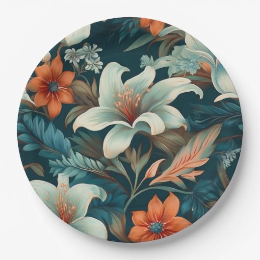 Elegante turquoise Oranje bloemmotief Papieren Bordje (Voorkant)