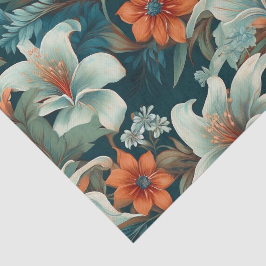 Elegante turquoise Oranje bloemmotief Tissuepapier (Detail)