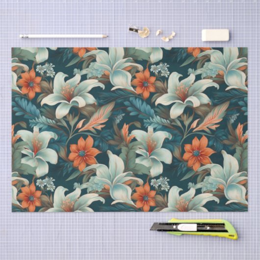 Elegante turquoise Oranje bloemmotief Tissuepapier (Craft)