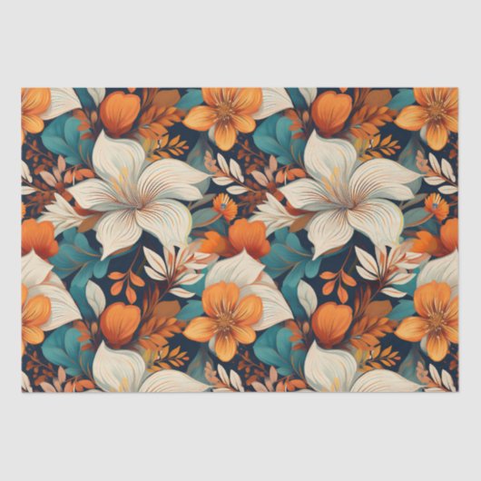 Elegante turquoise Oranje bloemmotief Tissuepapier (Voorkant)