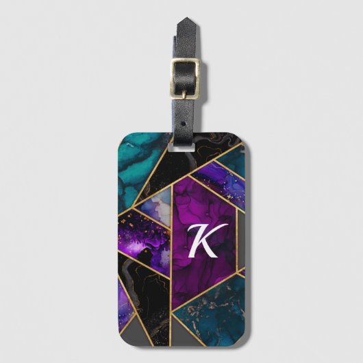 Elegante turquoise paarse glitter girly bagagelabel (Voorkant (verticaal))