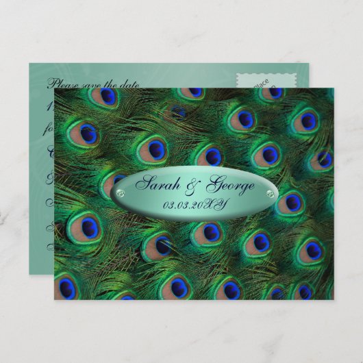 Elegante turquoise pauw Bewaar de datum Aankondigingskaart (Voorkant / Achterkant)