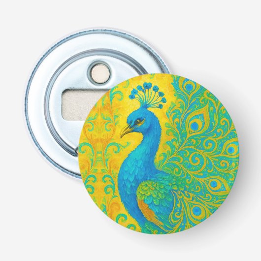 Elegante turquoise pauw decoratief button flesopener (Voorkant)