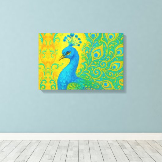 Elegante turquoise pauw vogel decoratief canvas afdruk (Insitu (Houten vloer))