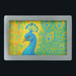 Elegante turquoise pauw vogel decoratief gesp<br><div class="desc">Deze elegante pauw gesp is voorzien van de vogel in kleuren van turquoise en blauw op een geel pattereerde achtergrond. Afbeelding gegenereerd met AI.</div>