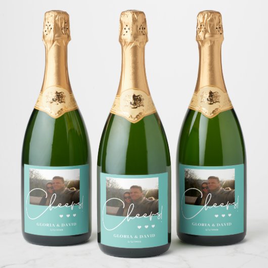 Elegante Turquoise Proost Trouw Sparkling Wijnetiket (Flessen)