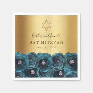 Elegante Turquoise Roos Bloemig Goud Bat Mitzvah Servet