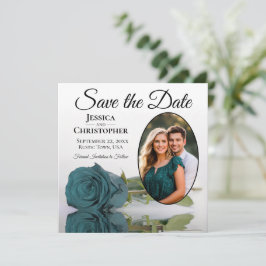 Elegante Turquoise Roos op Wit met Ovale Fotohuwel Save The Date